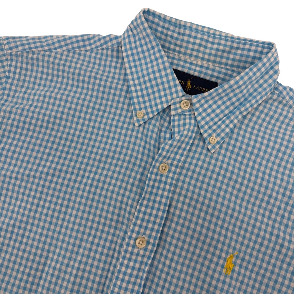 Ralph Lauren Button Down Shirt Mens Large Blue Gingham‎ Short Sleeve Cotton Pony